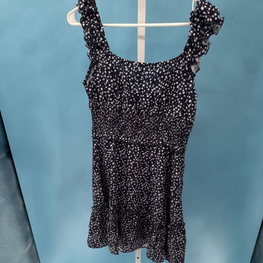 Women's Navy White Polka Dot Ruffle Sleeve Smocked Sundress Square Neck Size M